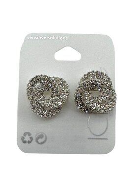 Icing Stud Earrings Knotted Circular Design Covered Small Silver-toned Rhineston